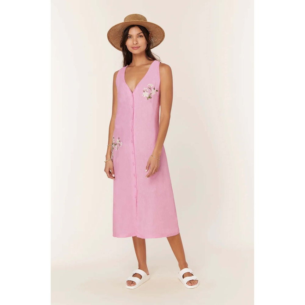 Fanm Mon Pink Midi Button-Front Linen Dress